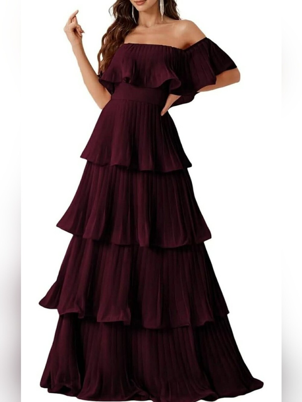 Off-Shoulder Tiered Maxi Dress in Wine